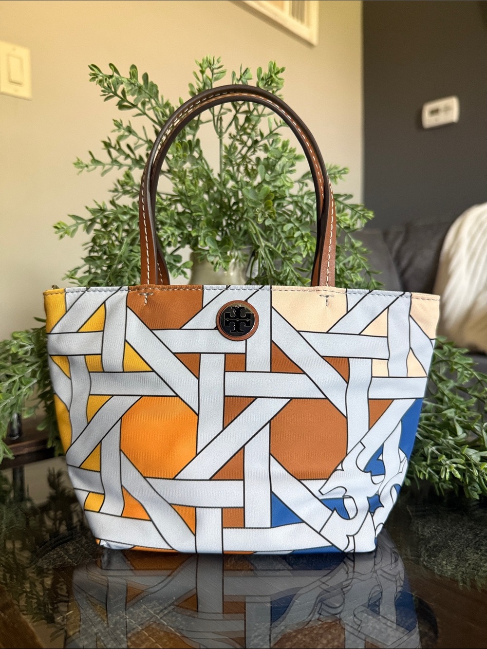 Tory Burch Orange, Yellow, Blue & Tan Woven-Pattern Canvas Tote